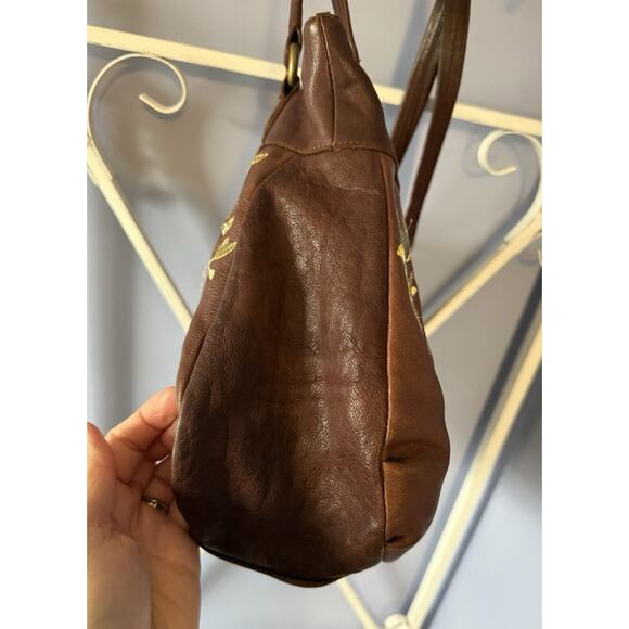 Anthropologie Brown Leather Bag With Gold Rose Embroidered Fairy Princess - Picture 5 of 10
